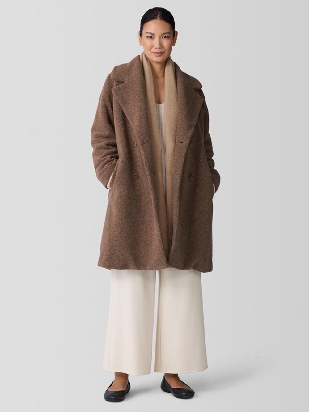 NWT Eileen Fisher Recycled Wool Boucle Notch Collar Coat Brown Sugar XS